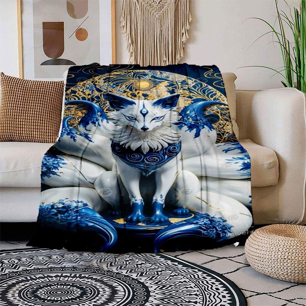 

Blue and White Porcelain Fox Statue Decorative FigurineBlanket Flannel Throw Blanket for Sofa, Bed, Travel, Camping, Office, Couch, Chair, A 150x180cm