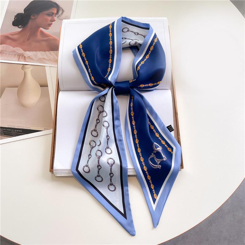 Fashion Double-layer Simulated Silk Women's Headscarf, Spring and Autumn Thin Streamer Bevel Scarf Temperament Small Silk Scarf Decorative Scarf Thin