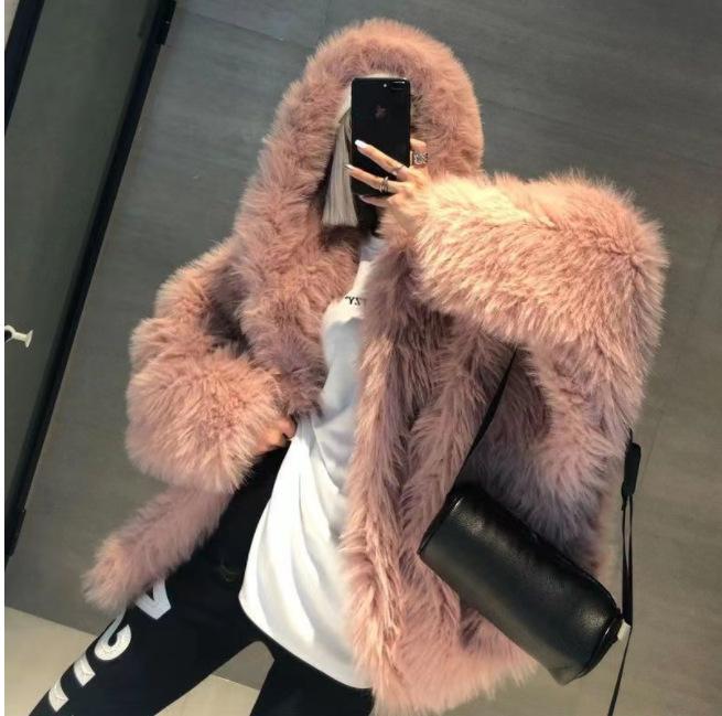 New Imitation Fox Hair Woven Hooded Bat Sleeve Long Sleeve Slim Imitation Fur Fur Coat Women