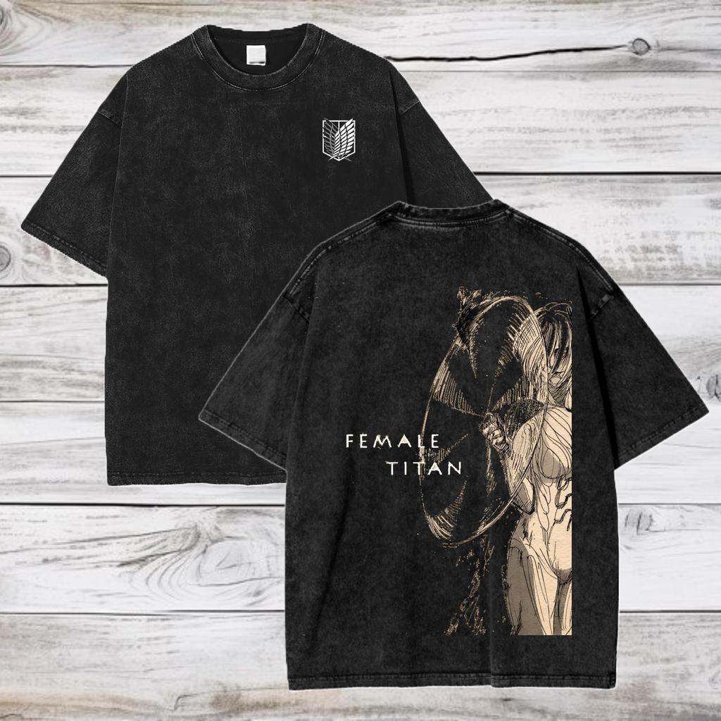 Unisex Anime Attack on Titan Vintage Washed Graphic Print T-shirt Men Women Casual Oversized Streetwear Hip Hop Fashion Summer New Tee