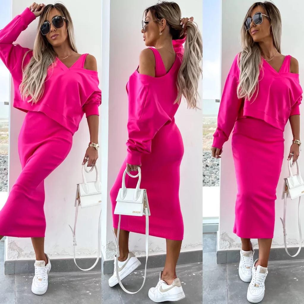 Women's 2-Piece Outfit V-Neck Long Sleeve Sweatshirt with Slim Fit Camisole Dress Solid Color Summer Spring Set
