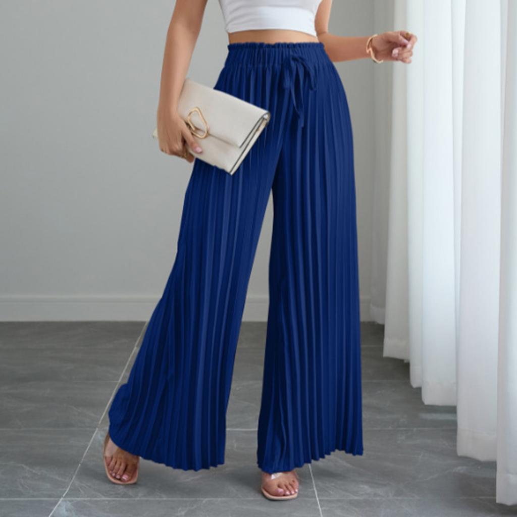 Women's Solid Color Pleated Elastic Waist Tie Loose Wide-leg Pants