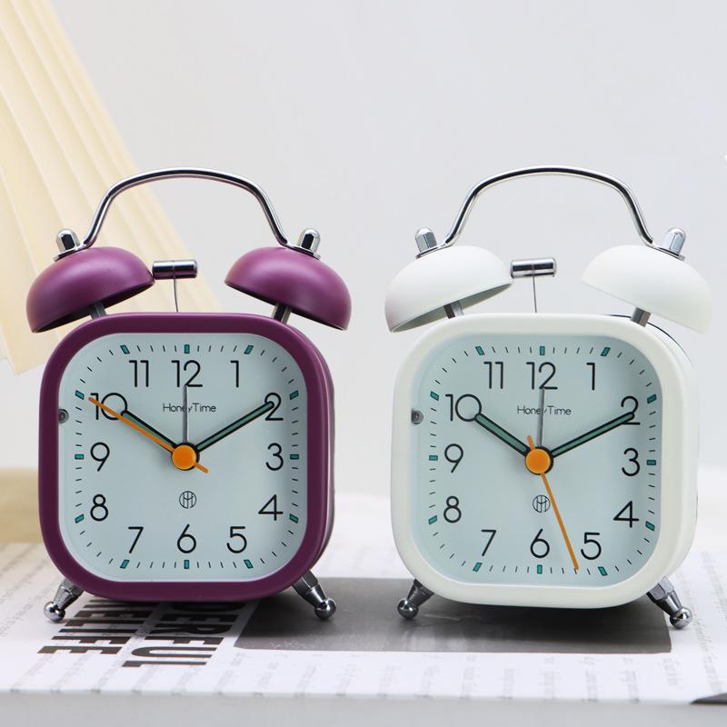 Students Use 3-inch Square Metal New Ring Bell Alarm Clock for Home Bedside Silent Sweep Second Night Light