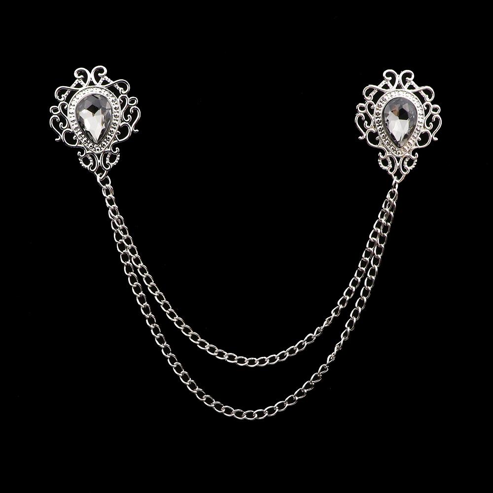 Fashion Gentleman Tassel Brooch For Men Suit Shirt Collar Crystal Cross Chain Lapel Pin Rhinestone Retro Wedding Accessories