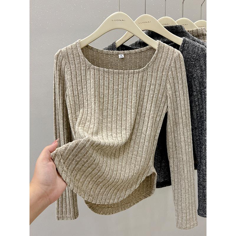 Pit strip square neck polished long-sleeved T-shirt for women's new design sense waist inner top bottoming shirt for women's autumn and winter