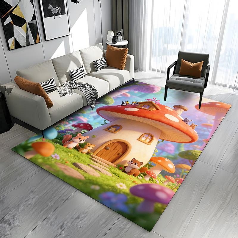 "Mushroom House with Cute Forest Animals" Patterned carpet a non slip rug suitable for all seasons and any setting, gift