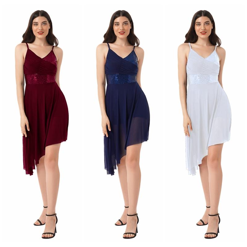 Frauen Lyrical Modern Dance Kleid Pailletten Asymmetrischer Saum Trikot Skating Performance Kostüm