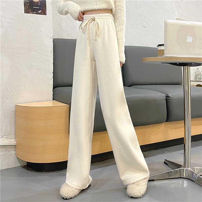 Pantaloni lați cu șnur pentru femei toamna și iarna, talie înaltă, senzație de draperie, tub drept largi, pantaloni casual, purtați peste podea, S de pluș