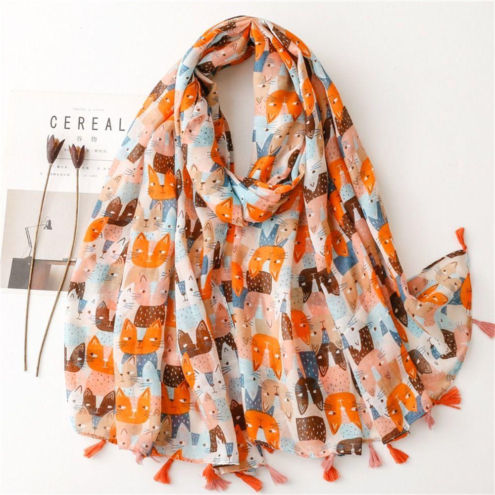 Large Cat Pattern Tassel Scarf Bohemian Ethnic Style Wrap Simple Animal Print Scarves  Vacation