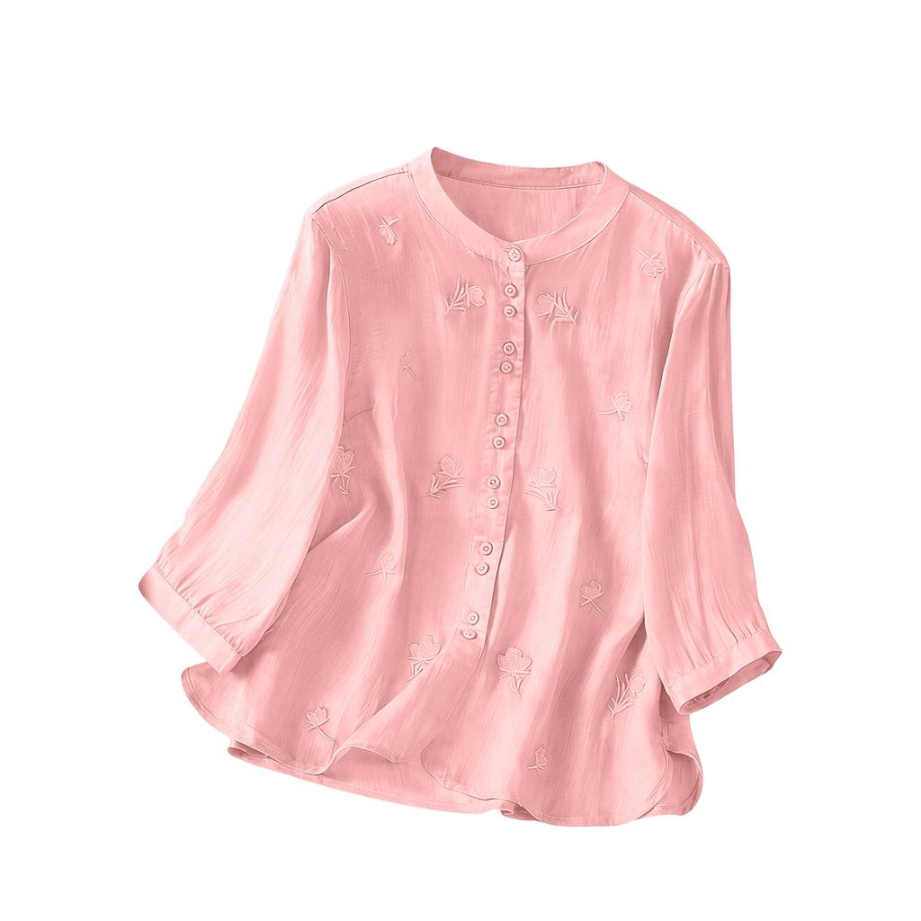 Women's Retro Cotton Linen Embroidered Thin Linen Three-Quarter Sleeve Top