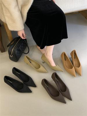 French Temperament Single Shoes Women's 2025 New Pointed Head Shallow Mouth Versatile Commuter Work Shoes Thin Heel Suede High Heels Women