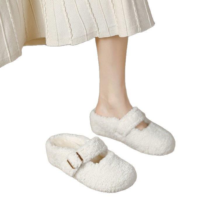 Small man, inner height increase Birkenstocks, outer wear Mary Jane shoes, winter warm cotton shoes, white fluffy half slippers
