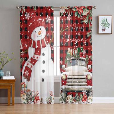 Christmas And Winter Snowman Poinsettia Curtains For Living Room Bedroom Home Decoration Window Voile Tulle Curtain Drapes