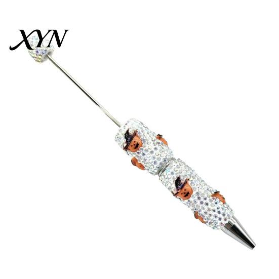 Rhinestone Writing Pen Beadable Pen, Glitter Plastic Beaded Halloween Pumpkin Ghost Skull DIY Set Gel Ink for Craft Making, School Office Supplies