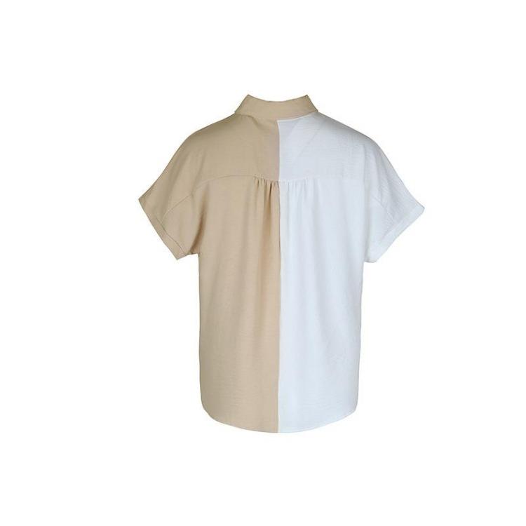 Contrast Blouse Collar Breasted Loose Casual Polo Short Sleeve Single Top Summer Women