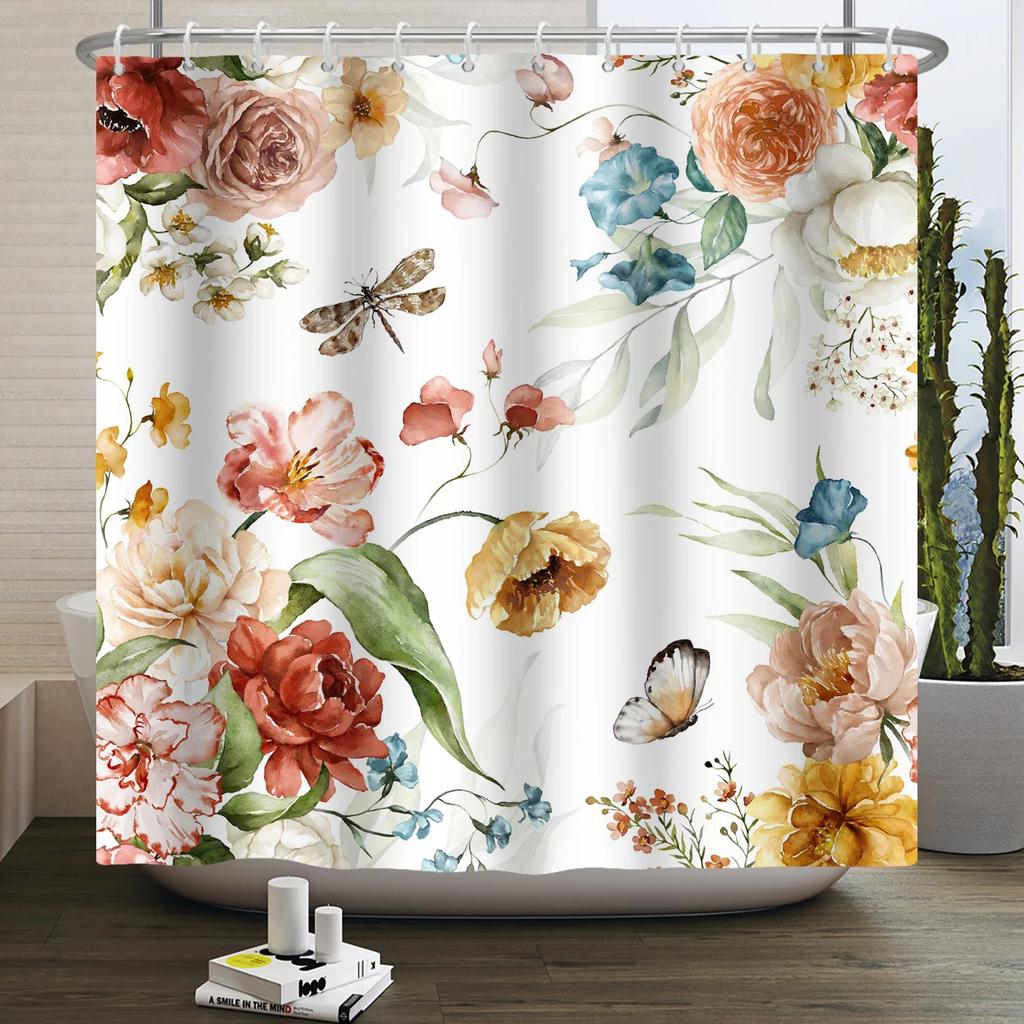 Floral Duschvorhang für Badezimmer Vintage Blume Schmetterling Wasserdichter Stoff Boho Badewanne Badezimmervorhang Mit Haken 180x240