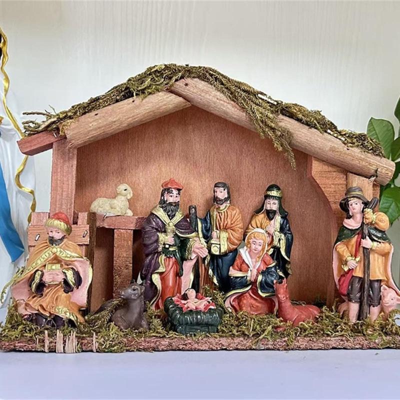 Permanent Religious Birth Manger Display With Oaken Stable And Rosin Figures