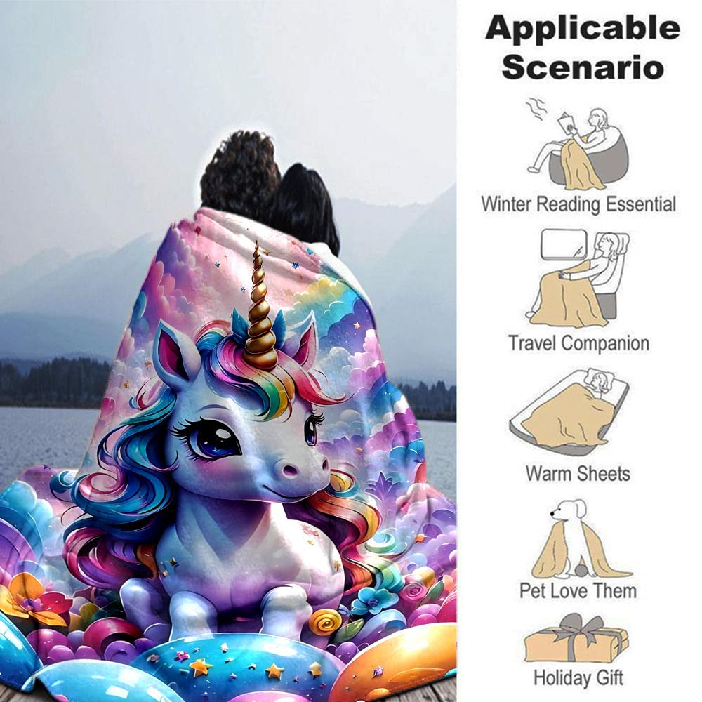 1pc Unicorn Rainbow Soft Warm Throw Blanket Nap Blanket For Couch Sofa Office Bed Camping Travel,Comfortable