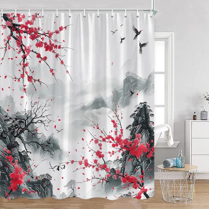 Japanese Style Flowers Bird Shower Curtain Beautiful Girl Red Floral Abstract Mountain Ink Art Landscape Decor Bathroom Curtains