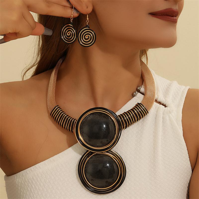 New African Colorful Round Geometry Zircon Set Aluminium Wire Necklace Earrings Set For Women Party Wedding Dress Gifts