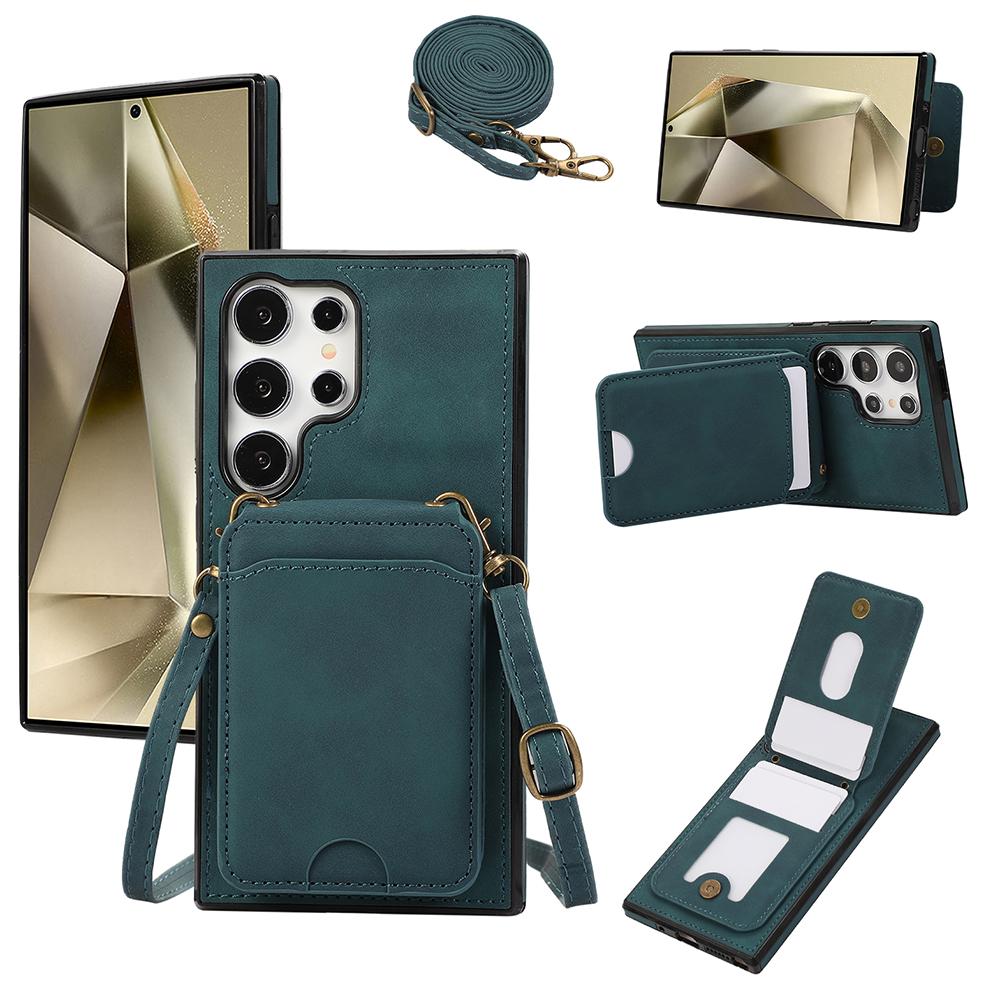 For Samsung Galaxy S24 Ultra Case Card Holder Kickstand Leather+TPU Phone Cover with Shoulder Strap