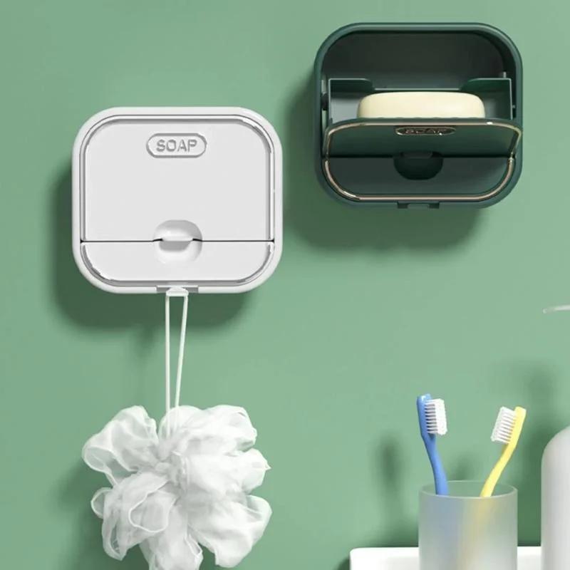 Plastic Soap Dish with Lid Wall-mounted Punchfree Soap Box Drainage Container Soap Holder Storage Shelf for Bathroom Accessories LS
