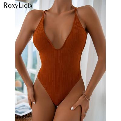 Sexy V Neck Ribbed Backless One Piece Swimsuit Women Swimwear Female High Cut Monokini Bather Bathing Suit Swim Lady