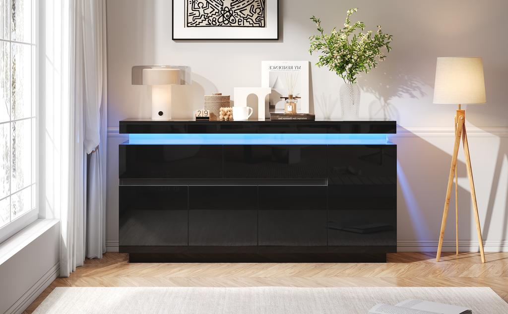 140 x 35 x 72,5 cm Wohnzimmerschrank, Sideboard mit 2 Schubladen, Hochglanz-Schubladenschrank, Schrank mit 4 Türen, LED-Standmöbel, Schwarz