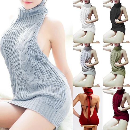 Kobiety Seksowny Bez pleców Bez rękawów Golf Sweter Dzianinowy Cosplay Sukienka