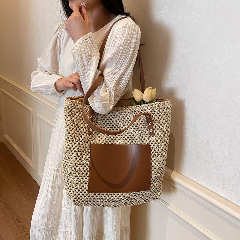 Woven Tote Bag for Women Summer Beach Handbag with Faux Leather Strap Fashion Casual Carryall