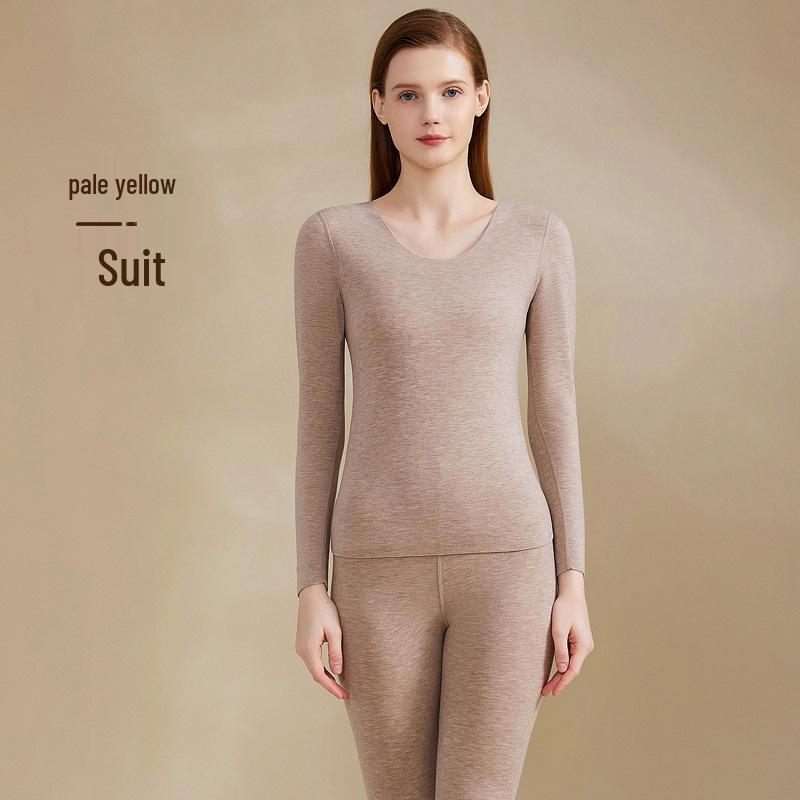 Women's Fleece-Lined Cashmere Silk Thermal Underwear Set - Seamless Round Neck, Antibacterial German Velvet Autumn Pants