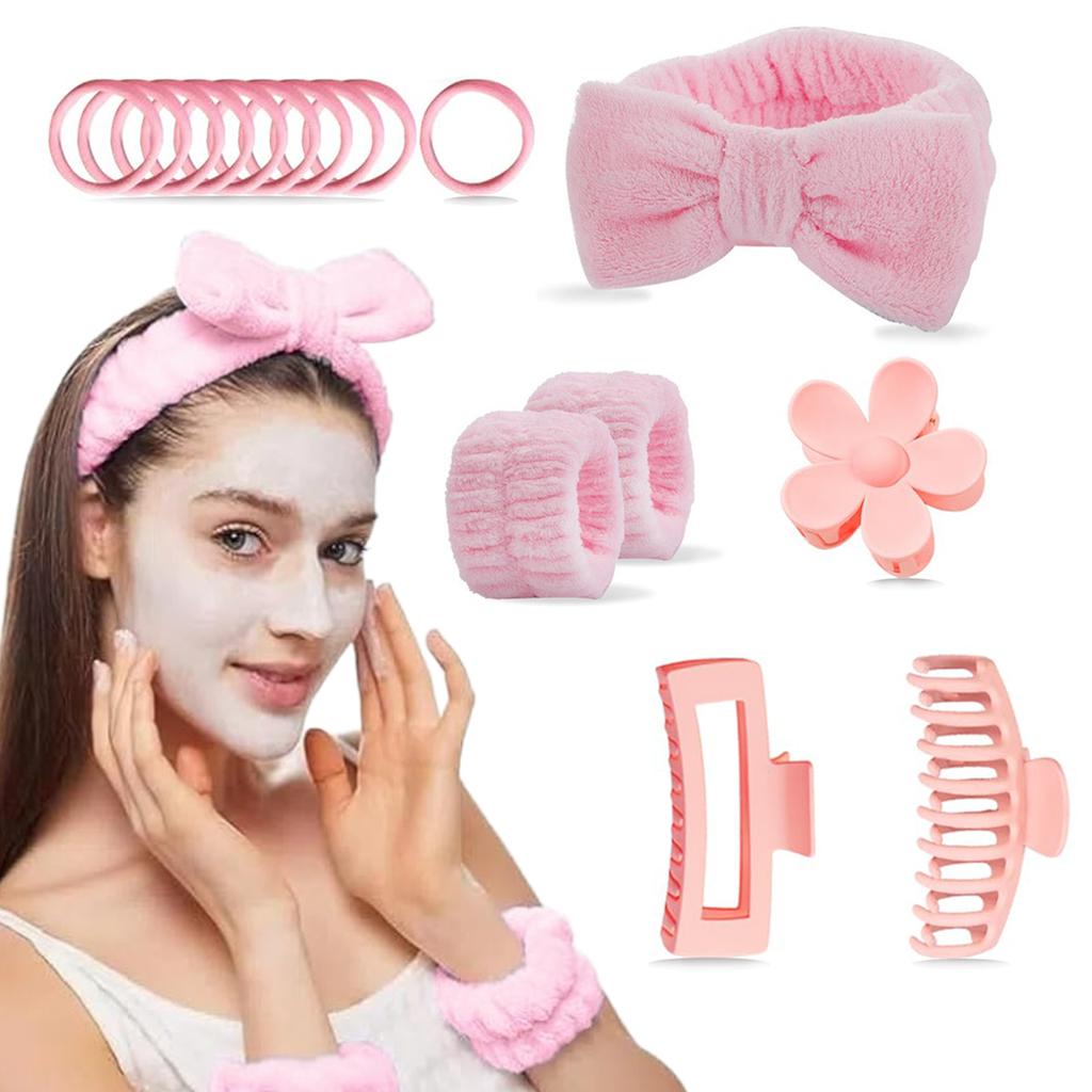 16 Piece Skincare Headband Set, Suitable for Face Washing, Hydrotherapy, and Makeup, Including 1 Headband, Wristband, 3 Hair Cli