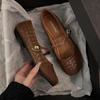 Retro splicing round head Mary Jane shoes women's shoes red wedding shoes woven word belt casual flat evening single shoes