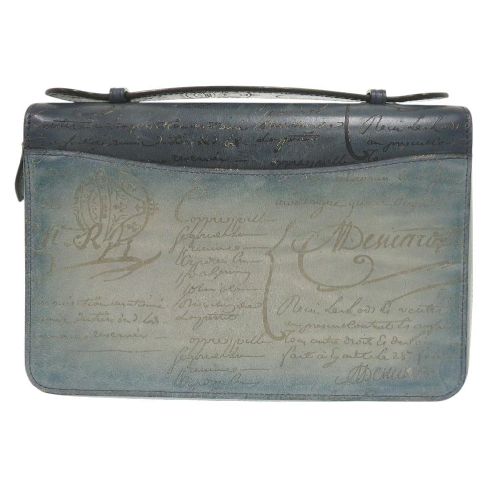 Used AUTHENTIC BERLUTI Itauba Wide Calligraphy Clutch bag blue Leather