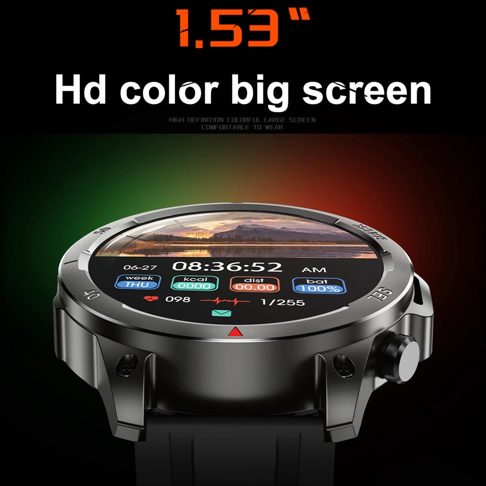 Neue 1,53" Bluetooth Anruf Smartwatch Gesundheitsmonitor mit Taschenlampe Kompass NFC 400mAh Outdoor Herren Smartwatches für IOS Android