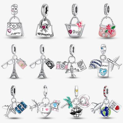 Original New Copper Travel Series Suitcase Camera Shopping Bag Charms For Originaldiy Bracelet Women Jewelry Gift