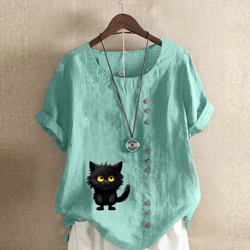 Damenmode, T-Shirt mit schwarzem Katzen-Print, kurzärmelig, lockeres Baumwollhemd, lässige Sommerbluse, Tops, Übergröße