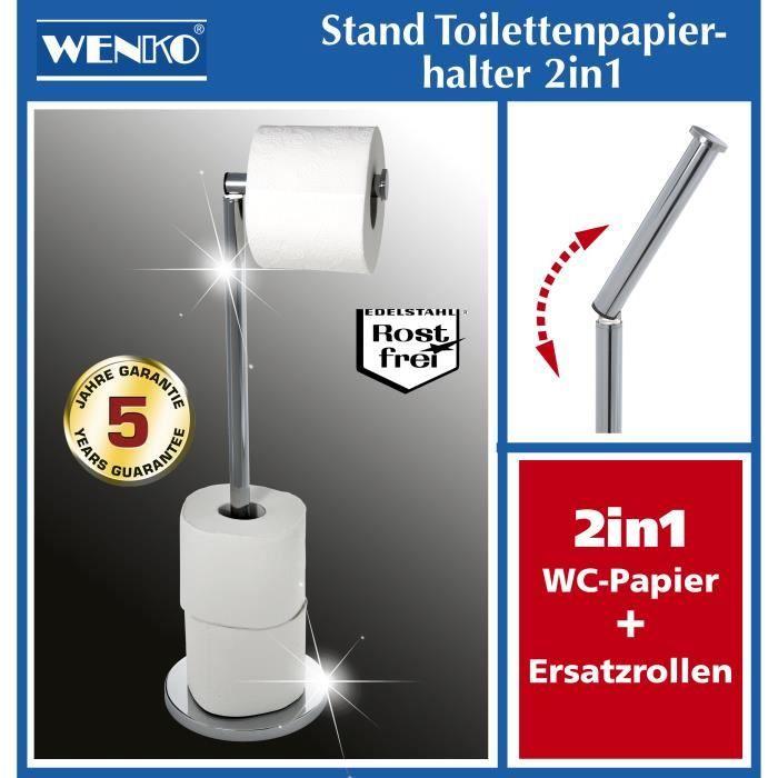 WENKO Support Papier Toilette 2en1, Porte Papier Toilette et Dérouleur Papier Toilette, Acier, 21x55x17 cm, Brillant