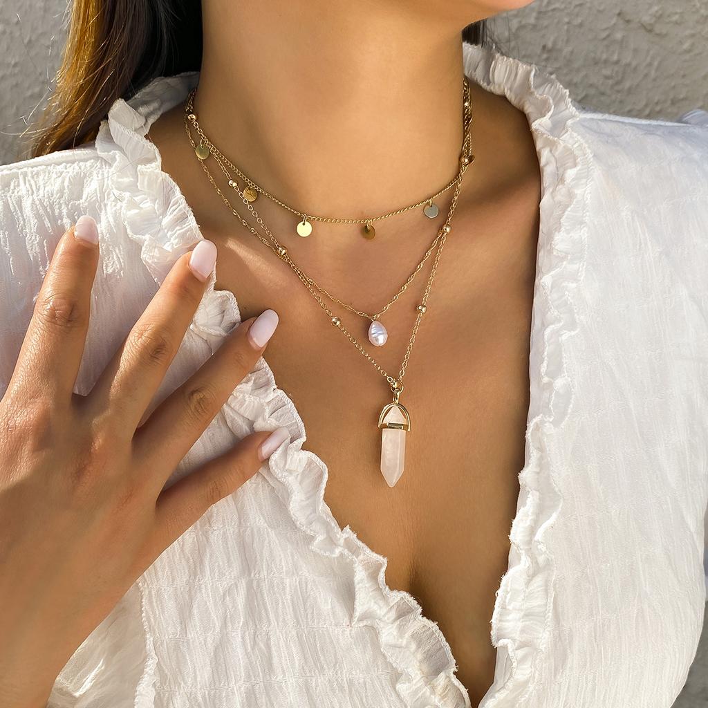 Jewelry, mix and match imitation pearl geometric necklace, simple sequined tassel imitation crystal column multi-layer necklace