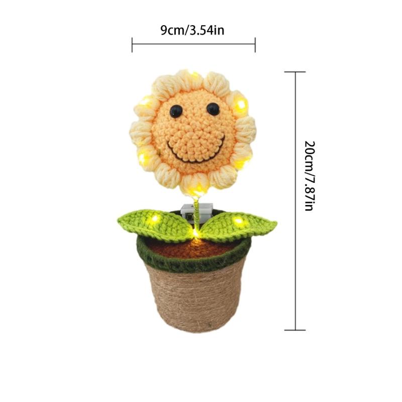 Gehäkeltes Lachendes Sonnenblumen-Topf-Ornament mit LED-Licht Handgefertigte Dekorationen für Innenbereich Schreibtisch Partys Veranstaltungen Geschenk