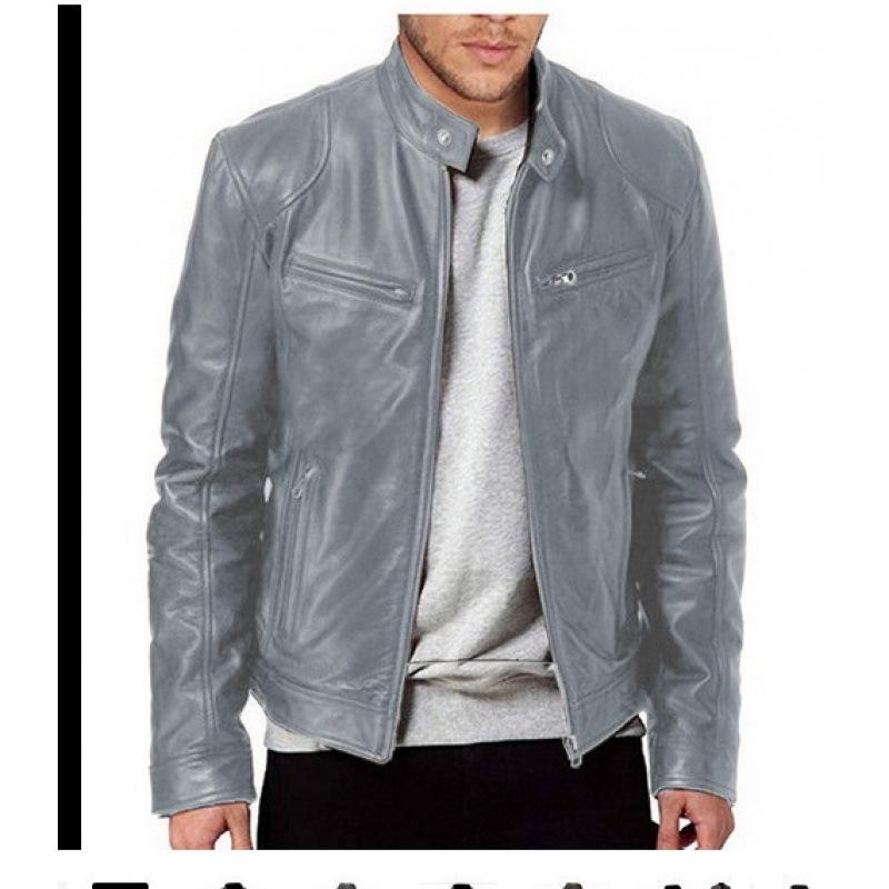 Herren Südliche Winter Multi-Pocket PU-Leder Motorradjacke mit Stehkragen und Knopf-Reißverschluss