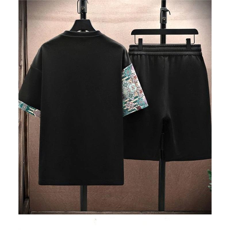 New Chinese Style Splicing Leisure Sports Suit Men's Summer Short Sleeved Shorts Loose Trendy Two-piece Set