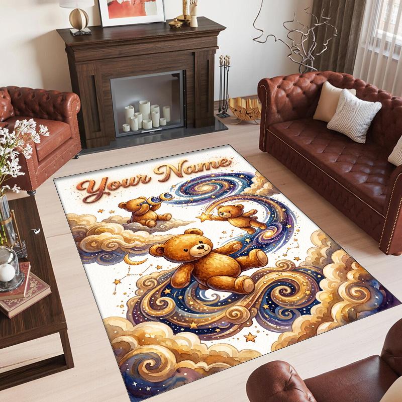 Teddy Bear Theme Crystal Velvet Rug Personalized Custom Name Text Soft Floor Mat Home Decor
