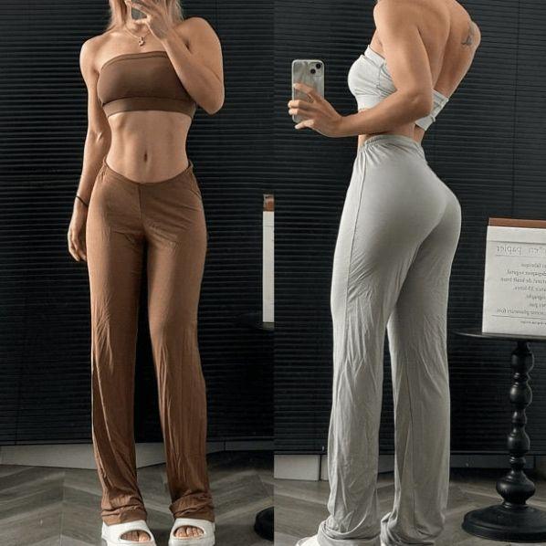 Dámské sexy kalhoty v západním stylu s nízkým pasem, ležérní fitness kalhoty s rovnými nohavicemi - Strečové, slim-fit, jednobarevné, široké nohavice po zem