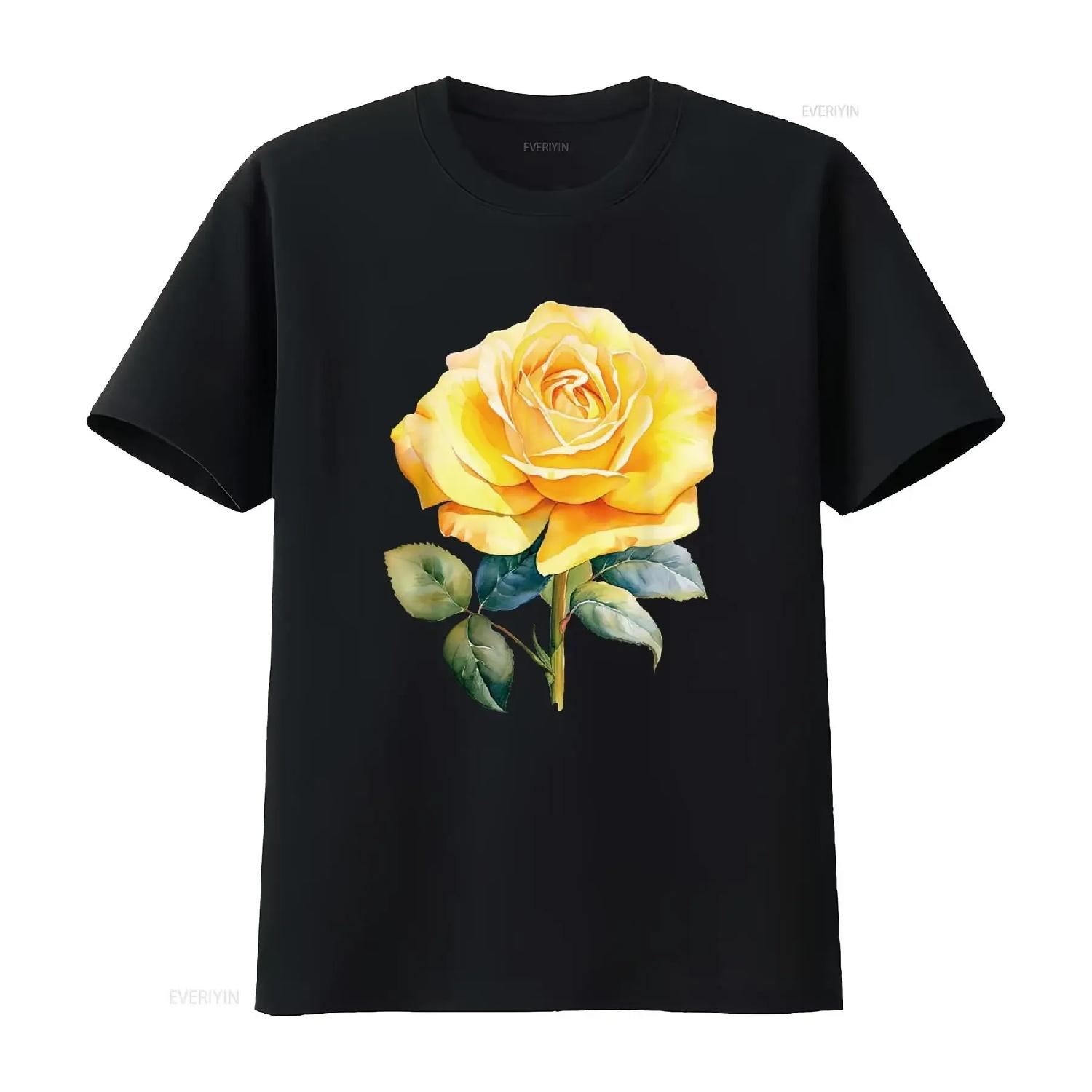 rose flower yellow floral T Shirt vintage Washed fashion Unisex streetwear Comfortable Stylish Casual Breathable Versatile S чёрный