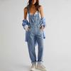 Women's Fashion Solid V-Neck Button Pocket Wash Denim Adjustable Strap Jumpsuit