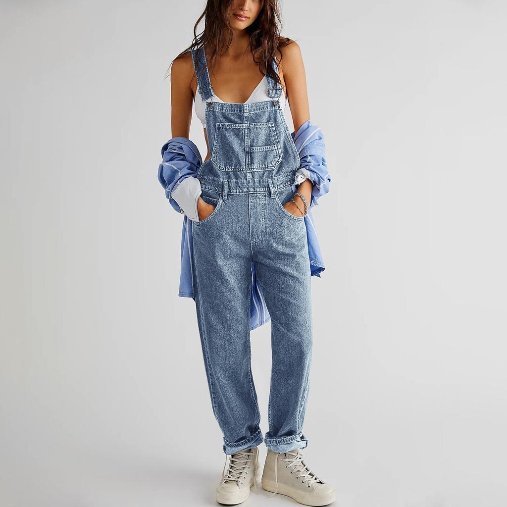 Women's Fashion Solid V-Neck Button Pocket Wash Denim Adjustable Strap Jumpsuit