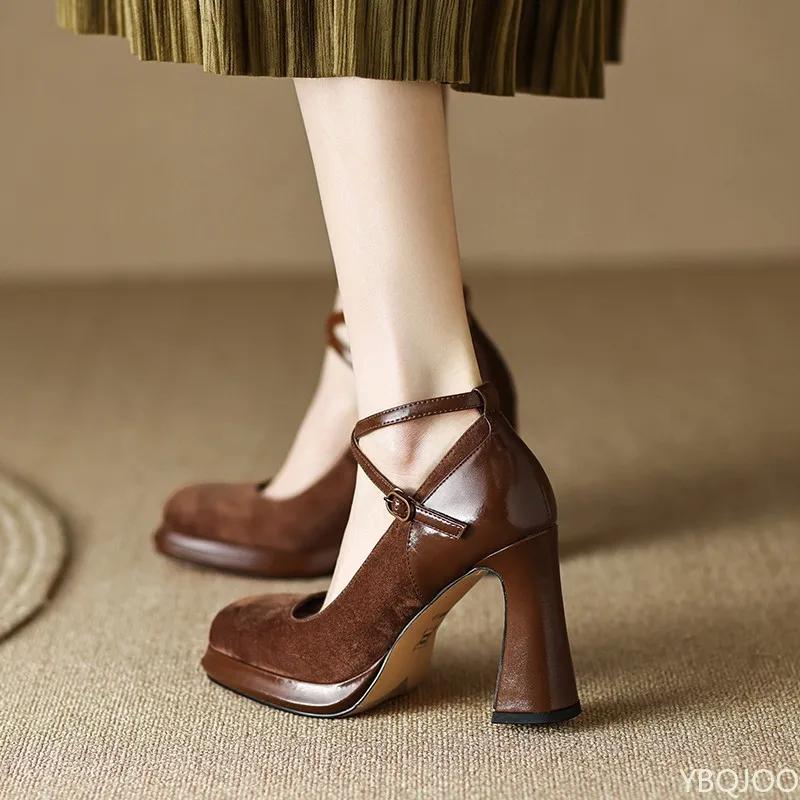 

Fashion Retro Women s thick heel Shoes Cross strap Square toe shoe shallow mouth Mary Jane pumps Elegant ladies high heels Mujer Zapatos 35 коричневый