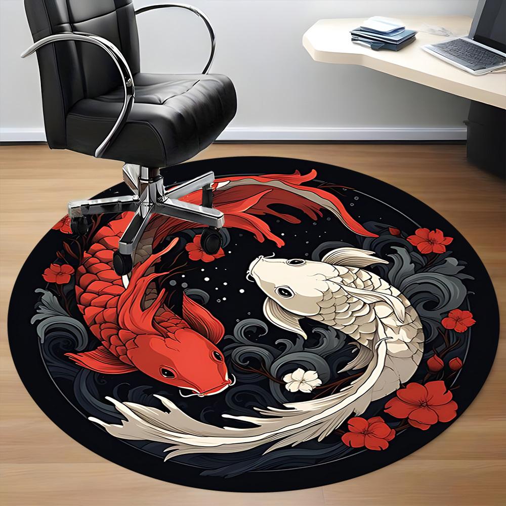 1pc Koi Fish Yin Yang Office Round Area Rug, Indoor Mat Suitable For Office, Under Office Chairs Bedroom Living Room Home Decor, Room Deco