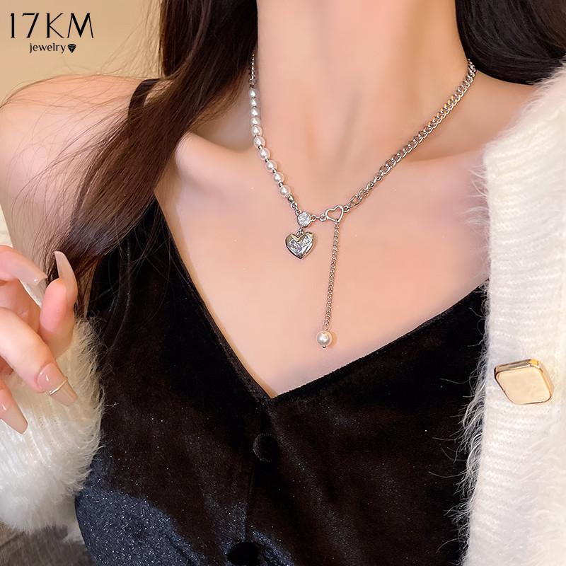 17KM Luxury Heart Plastic Necklace for Women Crystal Tassel Spliced Silver Chain Choker Accessories Jewelry